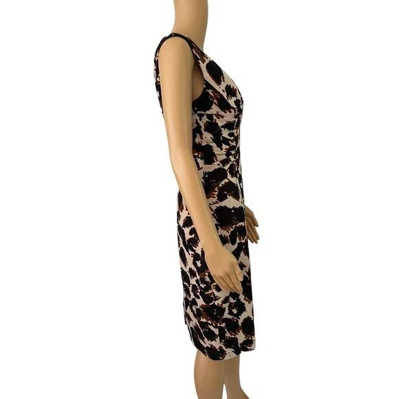 NWT Adrianna Papell Brown Abstract Print Side Ruched Knee Length Dress Sz 4 - Picture 2 of 6